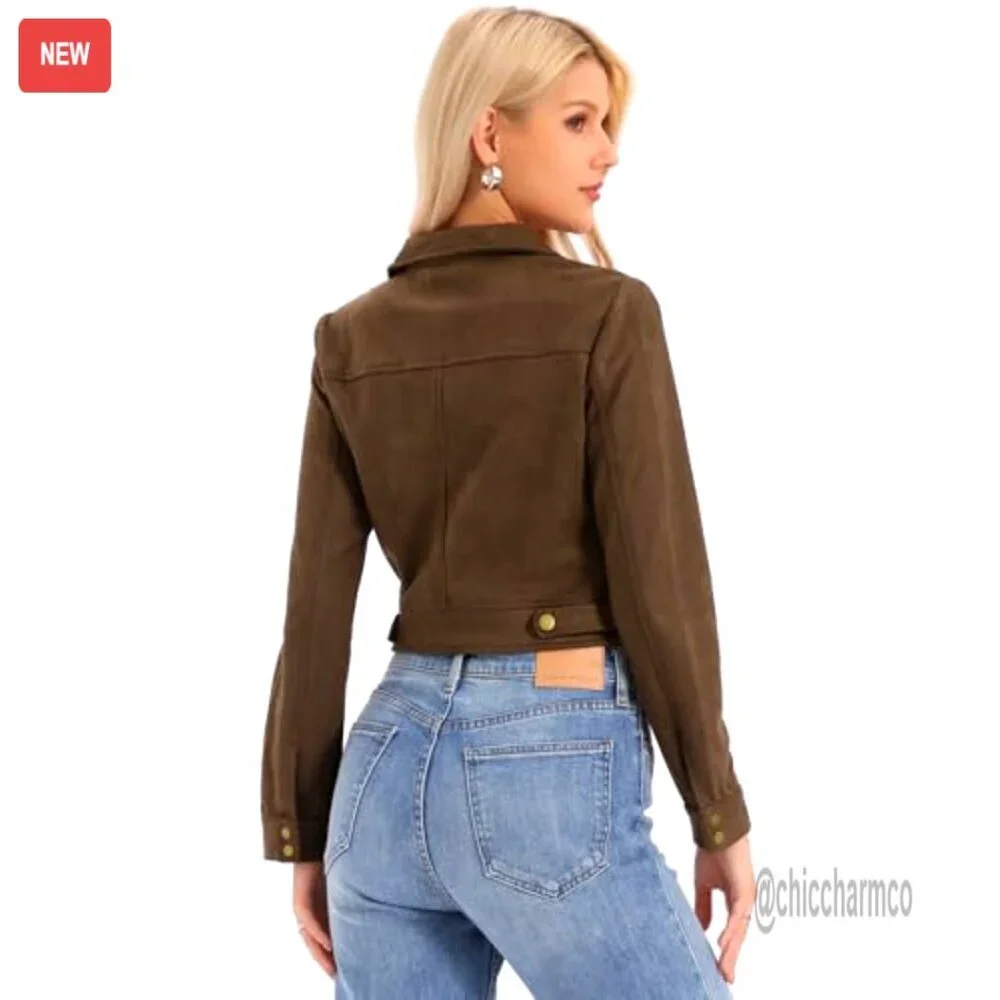 Faux Suede Cropped Moto Jacket Button Down Collar Casual Chic Biker Coat - Picture 5 of 6